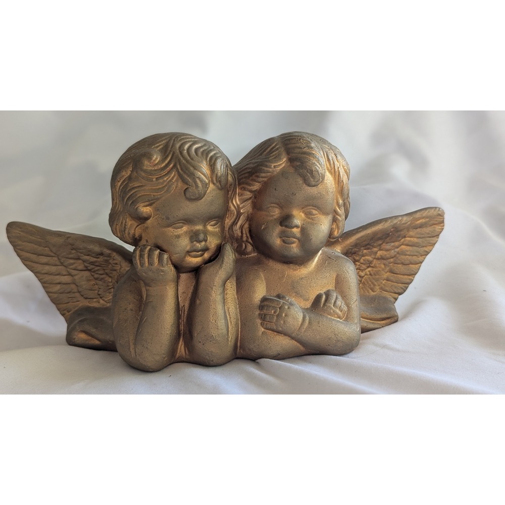 Vintage Gold Cherub Angel Figurine Two Celestial Children Wings Decor 9.5in